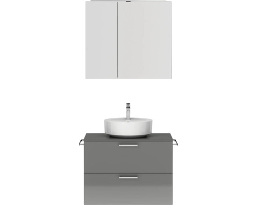 Badmöbel-Set NOBILIA Modern BxHxT 80 x 169,1 x 49 cm Frontfarbe grau hochglanz mit Spiegelschrank mit LED-Beleuchtung Griff chrom matt 661 Waschbeckenunterschrank mit Aufsatzwaschbecken und Spiegelschrank
