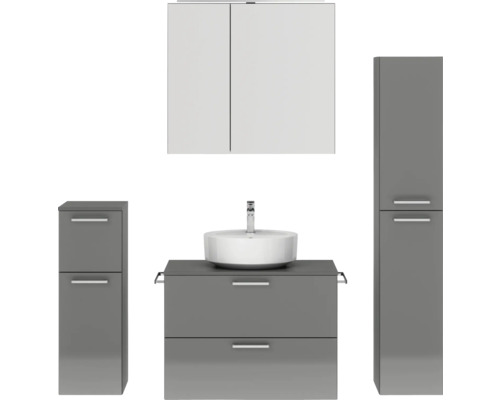 Badmöbel-Set NOBILIA Modern BxHxT 160 x 169,1 x 49 cm Frontfarbe grau hochglanz mit Spiegelschrank mit LED-Beleuchtung Unterschrank Midischrank Griff chrom matt 685 Badezimmermöbel-Set mit Waschtisch, Waschbecken, Spiegelschrank und Hochschrank