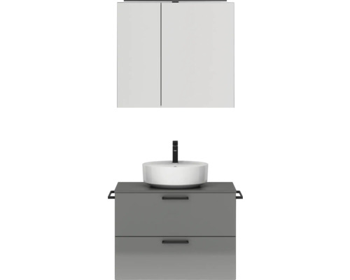 Badmöbel-Set NOBILIA Modern BxHxT 80 x 169,1 x 49 cm Frontfarbe grau hochglanz mit Spiegelschrank mit LED-Beleuchtung Griff schwarz 660