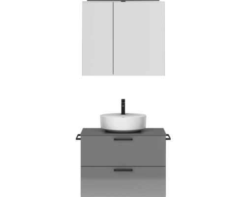 Badmöbel-Set NOBILIA Modern BxHxT 80 x 169,1 x 49 cm Frontfarbe grau hochglanz mit Spiegelschrank mit LED-Beleuchtung Griff schwarz 660 Waschtischkombination mit Aufsatzwaschbecken, Unterschrank mit zwei Schubladen und Spiegelschrank