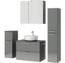 Badmöbel-Set NOBILIA Modern BxHxT 160 x 169,1 x 49 cm Frontfarbe grau hochglanz mit Spiegelschrank mit LED-Beleuchtung Unterschrank Midischrank Griff chrom matt 685