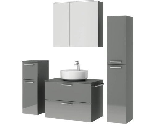Badezimmer-Set mit Waschtisch, Waschbecken, Spiegelschrank und Hochschränken