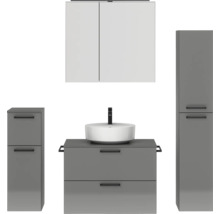Badmöbel-Set NOBILIA Modern BxHxT 160 x 169,1 x 49 cm Frontfarbe grau hochglanz mit Spiegelschrank mit LED-Beleuchtung Unterschrank Midischrank Griff schwarz 684