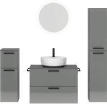 Badmöbel-Set NOBILIA Modern BxHxT 160 x 169,1 x 49 cm Frontfarbe grau hochglanz mit Spiegel rund mit LED-Beleuchtung Unterschrank Midischrank Griff schwarz 692