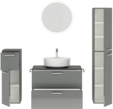 Badmöbel-Set NOBILIA Modern BxHxT 160 x 169,1 x 49 cm Frontfarbe grau hochglanz mit Spiegel rund mit LED-Beleuchtung Unterschrank Midischrank Griff chrom matt 693