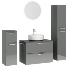 Badmöbel-Set NOBILIA Modern BxHxT 160 x 169,1 x 49 cm Frontfarbe grau hochglanz mit Spiegel rund mit LED-Beleuchtung Unterschrank Midischrank Griff chrom matt 693
