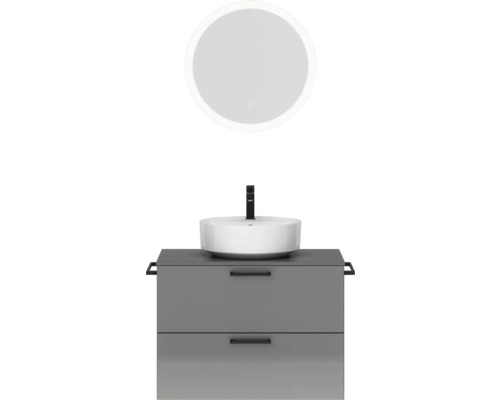 Badmöbel-Set NOBILIA Modern BxHxT 80 x 169,1 x 49 cm Frontfarbe grau hochglanz mit Spiegel rund mit LED-Beleuchtung Griff schwarz 668 Badezimmermöbel mit Aufsatzwaschbecken und beleuchtetem Spiegel