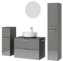 Badmöbel-Set NOBILIA Modern BxHxT 160 x 169,1 x 49 cm Frontfarbe grau hochglanz mit Spiegel rund mit LED-Beleuchtung Unterschrank Midischrank Griff chrom matt 693