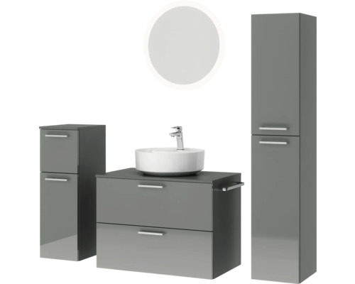 Graues Badezimmerset mit Waschtisch, Waschbecken, Spiegelschrank und Hochschrank