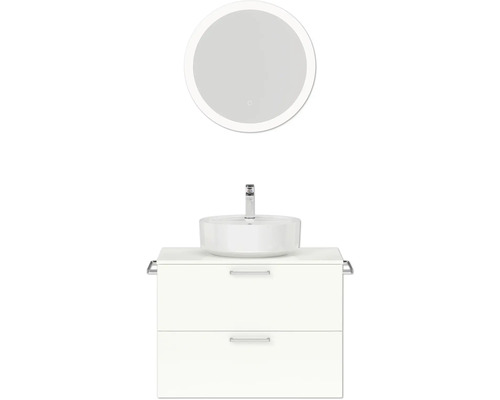 Badmöbel-Set NOBILIA Modern BxHxT 80 x 169,1 x 49 cm Frontfarbe weiß hochglanz mit Spiegel rund mit LED-Beleuchtung Griff chrom matt 667 Badezimmer mit rundem Spiegel, Aufsatzwaschbecken und Unterschrank