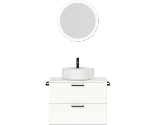 Badmöbel-Set NOBILIA Modern BxHxT 80 x 169,1 x 49 cm Frontfarbe weiß hochglanz mit Spiegel rund mit LED-Beleuchtung Griff schwarz 666 Badezimmer Waschtisch mit Spiegel und zwei Schubladen