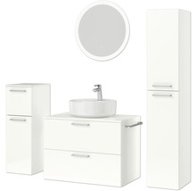 Badmöbel-Set NOBILIA Modern BxHxT 160 x 169,1 x 49 cm Frontfarbe weiß hochglanz mit Spiegel rund mit LED-Beleuchtung Unterschrank Midischrank Griff chrom matt 691
