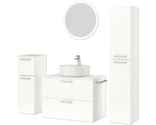 Set de salle de bains avec meuble-lavabo, lavabo, armoire de toilette et armoire haute