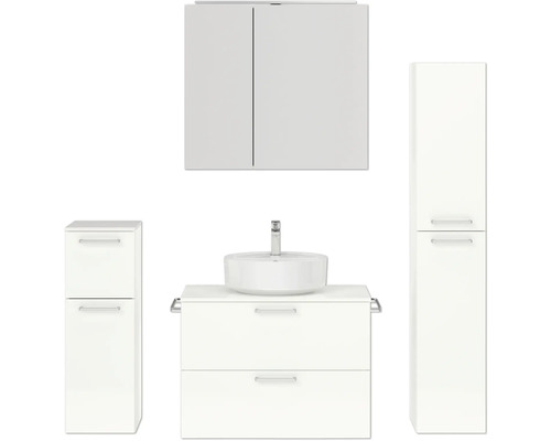 Badmöbel-Set NOBILIA Modern BxHxT 160 x 169,1 x 49 cm Frontfarbe weiß hochglanz mit Spiegelschrank mit LED-Beleuchtung Unterschrank Midischrank Griff chrom matt 683