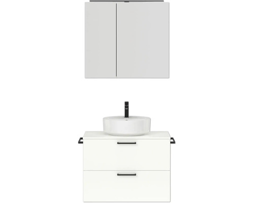 Badmöbel-Set NOBILIA Modern BxHxT 80 x 169,1 x 49 cm Frontfarbe weiß hochglanz mit Spiegelschrank mit LED-Beleuchtung Griff schwarz 658 Badezimmermöbelset mit Waschtisch, Aufsatzwaschbecken, Armatur und Spiegelschrank