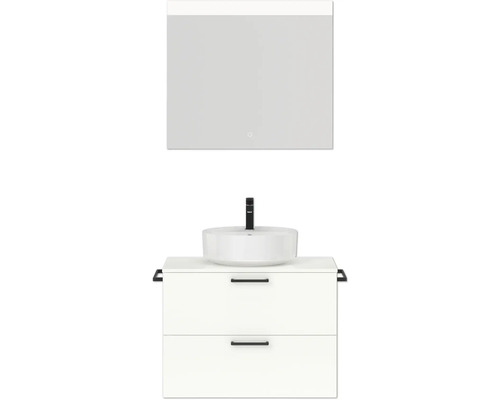 Badmöbel-Set NOBILIA Modern BxHxT 80 x 169,1 x 49 cm Frontfarbe weiß hochglanz mit Spiegel eckig mit LED-Beleuchtung Griff schwarz 650 Badezimmer Waschtisch mit Spiegel, Aufsatzwaschbecken und Unterschrank mit Schubladen