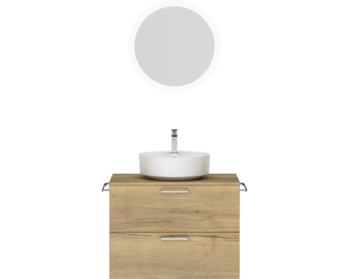 Badmöbel-Set NOBILIA Modern BxHxT 80 x 169,1 x 49 cm Frontfarbe eiche hell mit Spiegel rund mit LED-Beleuchtung Griff chrom 671 Badezimmer Waschtischkombination mit rundem Spiegel, Aufsatzwaschbecken und zwei Schubladen