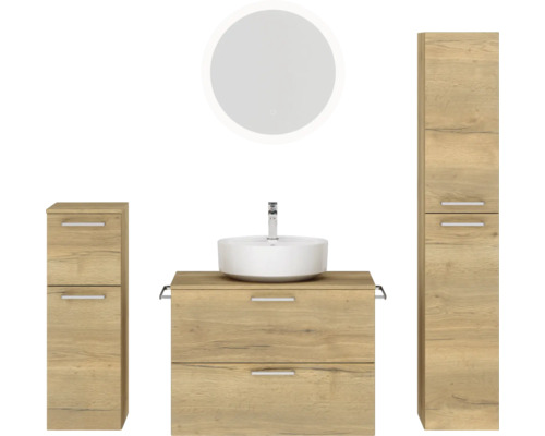 Ensemble de meubles de salle de bains NOBILIA Modern lxhxp 160 x 169,1 x 49 cm couleur de façade chêne clair avec miroir rond à éclairage LED meuble bas armoire midi poignée chrome mat 695