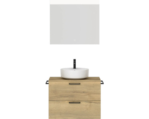 Badmöbel-Set NOBILIA Modern BxHxT 80 x 169,1 x 49 cm Frontfarbe eiche hell mit Spiegel eckig mit LED-Beleuchtung Griff schwarz 654 Badezimmermöbelset mit Waschtisch, Unterschrank und Spiegel für ein stilvolles Badezimmerdesign