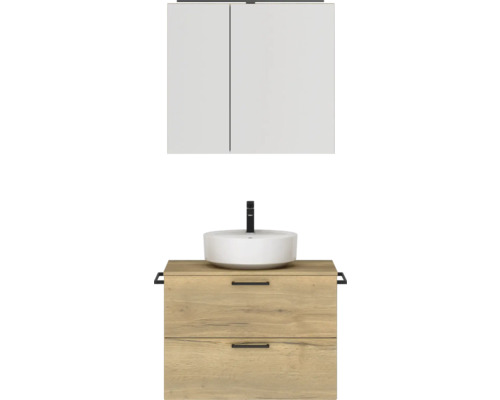 Badmöbel-Set NOBILIA Modern BxHxT 80 x 169,1 x 49 cm Frontfarbe eiche hell mit Spiegelschrank mit LED-Beleuchtung Griff schwarz 662 Badmöbelset mit Waschbecken, Unterschrank mit Schubladen und Spiegelschrank