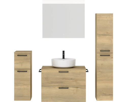 Badmöbel-Set NOBILIA Modern BxHxT 160 x 169,1 x 49 cm Frontfarbe eiche hell mit Spiegel mit LED-Beleuchtung Unterschrank Midischrank Griff schwarz 678 Badezimmer-Set mit Waschtisch, Waschbecken, Spiegelschrank und Hochschrank