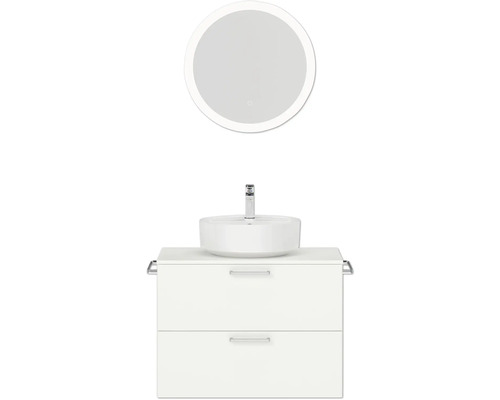 Badmöbel-Set NOBILIA Modern BxHxT 80 x 169,1 x 49 cm Frontfarbe weiß mit Spiegel rund mit LED-Beleuchtung Griff chrom matt 665 Waschtischkombination mit rundem Spiegel für das Badezimmer