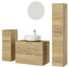 Badmöbel-Set NOBILIA Modern BxHxT 160 x 169,1 x 49 cm Frontfarbe eiche hell mit Spiegel rund mit LED-Beleuchtung Unterschrank Midischrank Griff chrom matt 695