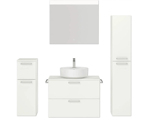 Badmöbel-Set NOBILIA Modern BxHxT 160 x 169,1 x 49 cm Frontfarbe weiß mit Spiegel mit LED-Beleuchtung Unterschrank Midischrank Griff chrom matt 673 Badezimmer-Set mit Waschbecken, Unterschrank, Spiegelschrank und Hochschrank