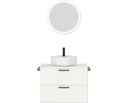 Badmöbel-Set NOBILIA Modern BxHxT 80 x 169,1 x 49 cm Frontfarbe weiß mit Spiegel rund mit LED-Beleuchtung Griff schwarz 664 Waschtischkombination mit rundem Spiegel für das Badezimmer