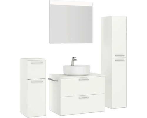 Badezimmer-Set mit Waschtischunterschrank, Aufsatzwaschbecken, Spiegelschrank und Hochschrank