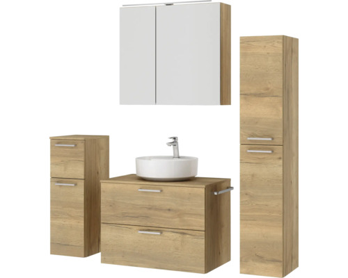 Badezimmer-Set mit Waschtisch, Aufsatzwaschbecken, Spiegelschrank und Hochschränken