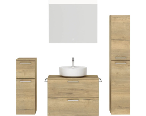 Badmöbel-Set NOBILIA Modern BxHxT 160 x 169,1 x 49 cm Frontfarbe eiche hell mit Spiegel mit LED-Beleuchtung Unterschrank Midischrank Griff chrom matt 679 Badezimmer-Set mit Waschtischunterschrank, Waschbecken, Spiegelschrank und Hochschrank im Holzdekor
