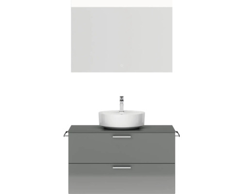 Badmöbel-Set NOBILIA Modern BxHxT 100 x 169,1 x 49 cm Frontfarbe grau hochglanz mit Spiegel eckig mit LED-Beleuchtung Griff chrom matt 709 Badezimmermöbel-Set mit Waschtisch, Aufsatzwaschbecken, Armatur und Spiegel