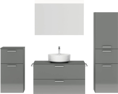 Ensemble de meubles de salle de bains NOBILIA Modern lxhxp 180 x 169,1 x 49 cm couleur de façade gris haute brillance avec miroir à éclairage LED meuble bas armoire midi poignée chrome mat 733