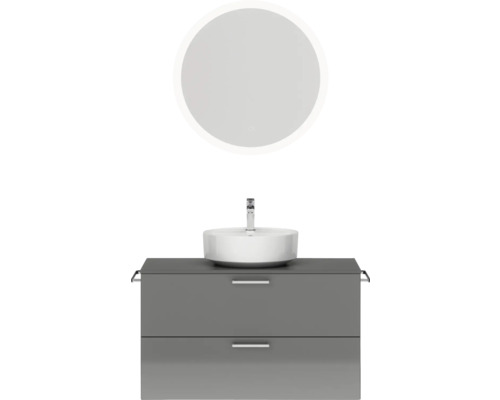 Badmöbel-Set NOBILIA Modern BxHxT 100 x 169,1 x 49 cm Frontfarbe grau hochglanz mit Spiegel rund mit LED-Beleuchtung Griff chrom matt 725 Badezimmer-Waschtisch mit rundem Spiegel, Aufsatzwaschbecken und Unterschrank mit zwei Schubladen