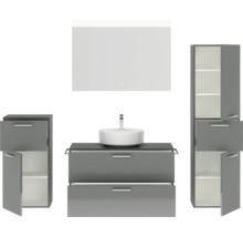 Badmöbel-Set NOBILIA Modern BxHxT 180 x 169,1 x 49 cm Frontfarbe grau hochglanz mit Spiegel mit LED-Beleuchtung Unterschrank Midischrank Griff chrom matt 733