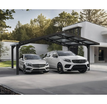 Doppelcarport mit zwei geparkten Autos vor modernem Haus