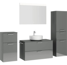 Badmöbel-Set NOBILIA Modern BxHxT 180 x 169,1 x 49 cm Frontfarbe grau hochglanz mit Spiegel mit LED-Beleuchtung Unterschrank Midischrank Griff chrom matt 733