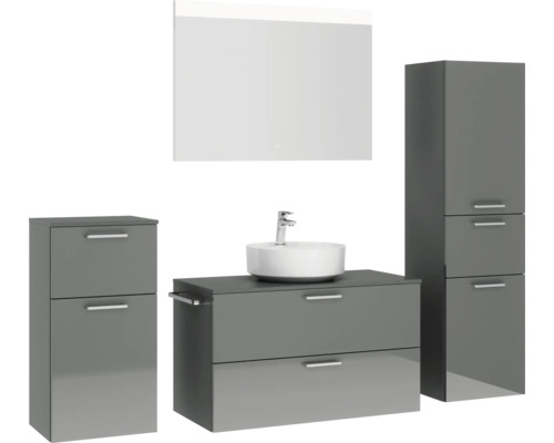 Graues Badezimmerset mit Waschtisch, Waschbecken, Spiegelschrank und Hochschrank