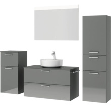 Badmöbel-Set NOBILIA Modern BxHxT 180 x 169,1 x 49 cm Frontfarbe grau hochglanz mit Spiegel mit LED-Beleuchtung Unterschrank Midischrank Griff chrom matt 733