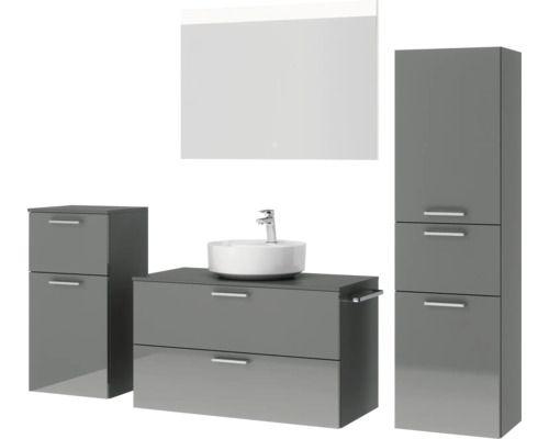Graues Badezimmerset mit Waschtisch, Waschbecken, Spiegelschrank und Hochschrank