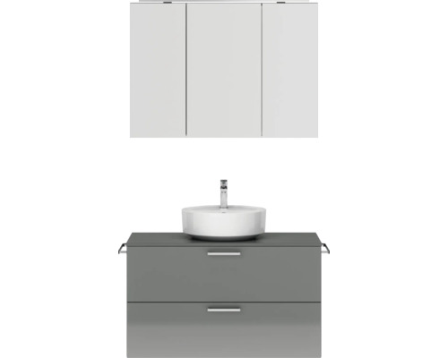 Badmöbel-Set NOBILIA Modern BxHxT 100 x 169,1 x 49 cm Frontfarbe grau hochglanz mit Spiegelschrank mit LED-Beleuchtung Griff chrom matt 717