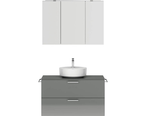 Badmöbel-Set NOBILIA Modern BxHxT 100 x 169,1 x 49 cm Frontfarbe grau hochglanz mit Spiegelschrank mit LED-Beleuchtung Griff chrom matt 717 Badmöbelset mit Waschbecken, Unterschrank und Spiegelschrank