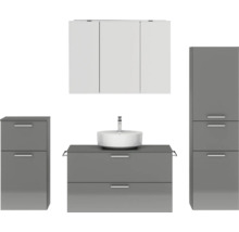 Badmöbel-Set NOBILIA Modern BxHxT 180 x 169,1 x 49 cm Frontfarbe grau hochglanz mit Spiegelschrank mit LED-Beleuchtung Unterschrank Midischrank Griff chrom matt 741