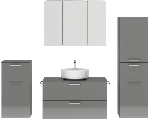 Ensemble de meubles de salle de bains NOBILIA Modern lxhxp 180 x 169,1 x 49 cm couleur de façade gris haute brillance avec armoire de toilette à éclairage LED meuble bas armoire midi poignée chrome mat 741