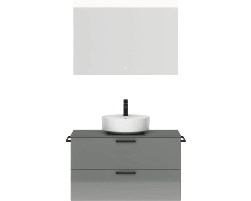 Badmöbel-Set NOBILIA Modern BxHxT 100 x 169,1 x 49 cm Frontfarbe grau hochglanz mit Spiegel eckig mit LED-Beleuchtung Griff schwarz 708 Badezimmerset mit Waschtischunterschrank, Aufsatzwaschbecken, Armatur und Spiegel