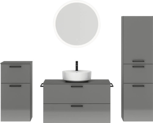 Badmöbel-Set NOBILIA Modern BxHxT 180 x 169,1 x 49 cm Frontfarbe grau hochglanz mit Spiegel rund mit LED-Beleuchtung Unterschrank Midischrank Griff schwarz 748
