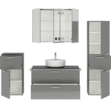Badmöbel-Set NOBILIA Modern BxHxT 180 x 169,1 x 49 cm Frontfarbe grau hochglanz mit Spiegelschrank mit LED-Beleuchtung Unterschrank Midischrank Griff chrom matt 741