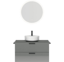 Badmöbel-Set NOBILIA Modern BxHxT 100 x 169,1 x 49 cm Frontfarbe grau hochglanz mit Spiegel rund mit LED-Beleuchtung Griff schwarz 724