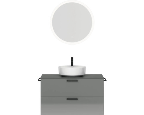 Badmöbel-Set NOBILIA Modern BxHxT 100 x 169,1 x 49 cm Frontfarbe grau hochglanz mit Spiegel rund mit LED-Beleuchtung Griff schwarz 724 Badezimmer Waschtisch mit rundem Spiegel, Aufsatzwaschbecken und zwei Schubladen